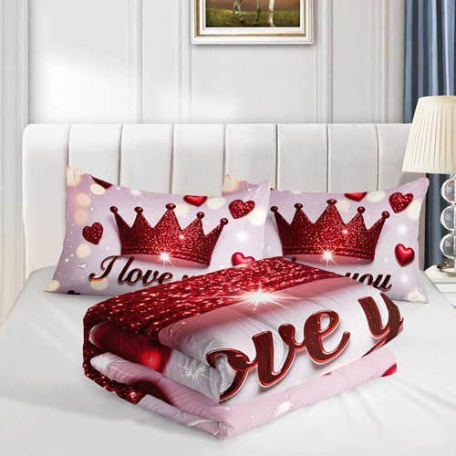 Image of AILONEN Red Crown Comforter Full Size with 2 Pillowcases,Romantic Glitter Hearts Bedding Set 3Pcs for Women Men,I Love You Print Quilt Set for Home Decor