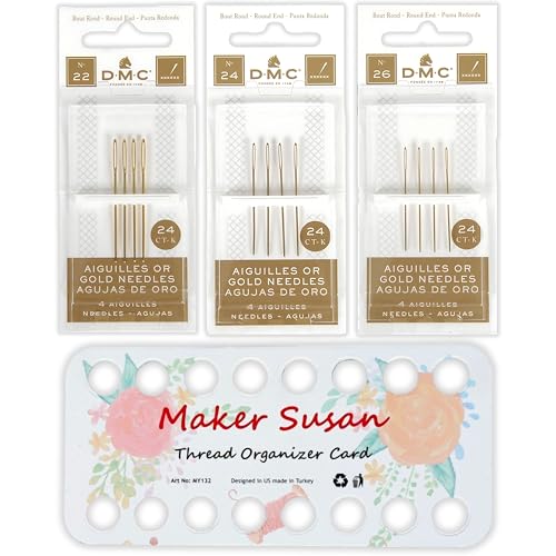 Maker Susan Kit De Agulhas De Ponto Cruz Douradas Dmc Tamanho 22-24-26 (Pacote Com 3), Agulhas De Mã
