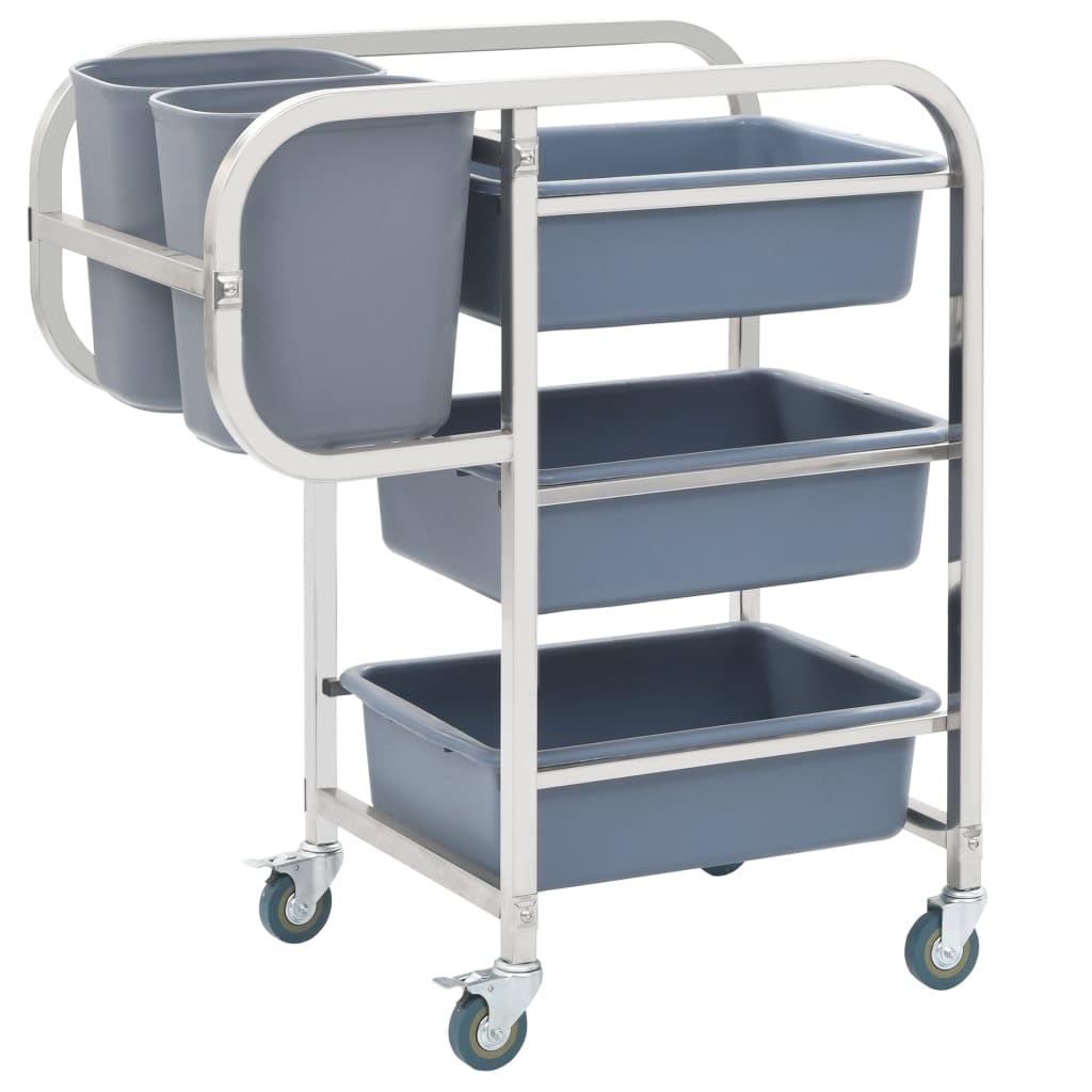 Carro de cocina con ruedas de acero inoxidable con recipientes de plástico, 82 x 43,5 x 93 cm, capacidad de carga de 50 kg, 5 contenedores, 4 ruedas con frenos, espacio de almacenamiento para