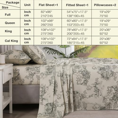 Image of French Country Vintage Toile Percale Sheets Queen Size Deep Pocket | 100% Cotton Cream Beige Sheet Set, Neutral Floral Farmhouse Bed Sheets, Shabby Chic Cottage Bedding, Botanical Printed, 4Pcs