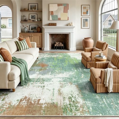8x10 Alfombra Moderna Abstracta Lavable para Sala de Estar, Alfombra Ultra Suave Antideslizante de Pelo Bajo, Alfombra para Piso Rectangular para Dormitorio Comedor Oficina Lavandería Guardería en Casa (Verde Pintura al Óleo) miniatura 1