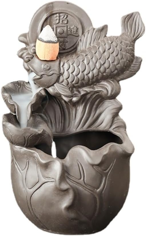 Purple Sand Backflow Incense Burner Koi Carp Decoration Handmade Smoke Incense Holder Aromatherapy,Meditation,Living Room Office Decor (A)