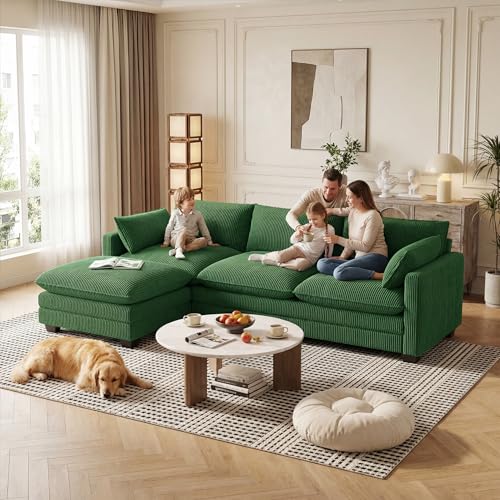 Image of Gizoon 110'' Oversized L Shaped Couch for Living Room, Cloud Couches with Washable Corduroy Cover, Modern 4-Seater Comfy Deep-Seat Sofa with Movable Ottoman and 2 Throw Pillows for Apartment, Green
