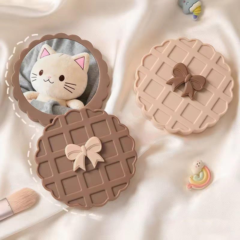 Image of Pocket Makeup Mirror | Small Compact Face Mirror for Makeup | Cute Waffle Design Portable Pocket Size Mirror for Purse & Travel (Brown)