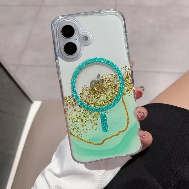 Image of mobistyle Compatible with iPhone 16 | Magentic Glitter Gradian Elegant | Camera Lens Protection Back Cover Case for Women Girls iPhone 16 (Green)
