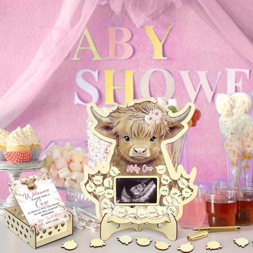 Image of Wenqik 63 Pcs Highland Cow Baby Shower Guest Book Alternatives Set Baby Shower Decorations with Photo Frame Sonogram Frame Keepsake 60 Wood Slices Guest Book for Birthday