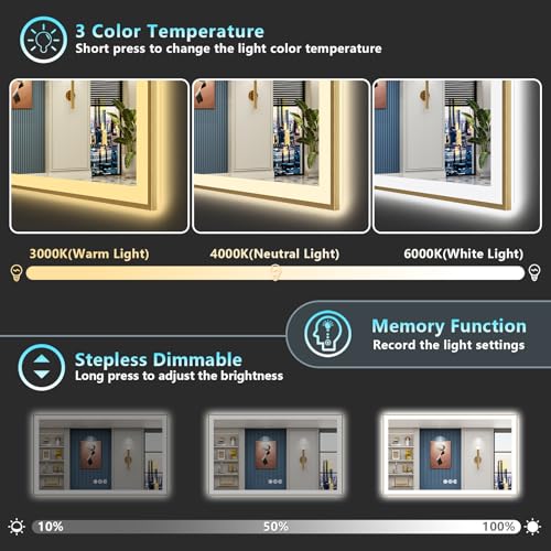 Image of 60x38 Gold LED Bathroom Mirror with Lights, Brushed Gold Framed Backlit and Front Lit Anti-Fog Lighted Vanity Mirrors for Bathroom Wall, Dimmable, 3 Colors, Memory, HD Tempered Glass, CRI 95