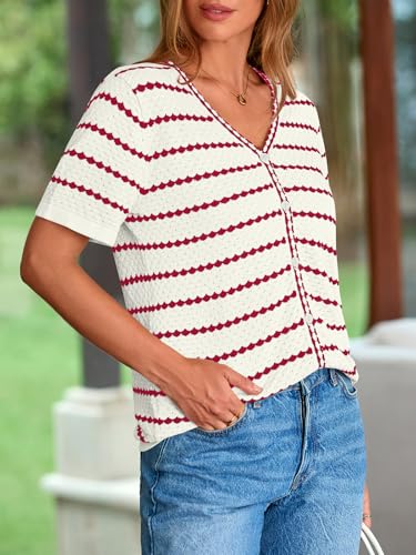 NALANISA Women's Short Sleeve Sweater Spring Summer Crochet Knit Tops 2025 V Neck Striped Button Down Dressy Casual Blouses3
