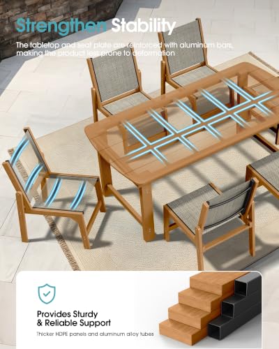 Image of Ciokea HDPE Outdoor Dining Set, Patio Table and 6 Stackable Chairs, Teak