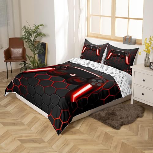 Kids Gaming Bedding Sets Geometric Gamepad Gamer Comforter Cover Honeycomb Hexagon Geometric Duvet Cover Set For Boys Gamer Room Decor Beehive Neon Lights Bedspreads Cover 3 Pieces Double - Image 2
