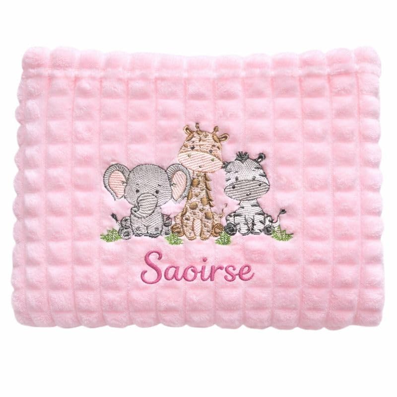 The Pyjama Party Personalised Safari Baby Blanket – Soft Embroidered Newborn Gift 75cm x 100cm (Pink)
