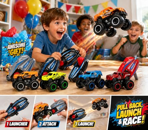 Image of PLUSPOINT Monster Truck Toys for Kids - 8 Pack Big Wheel Off-Road Die-Cast Metal Trucks with 4 Launchers, Free Wheel Cars for Boys Girls Ages 3-7, Birthday Gift Set