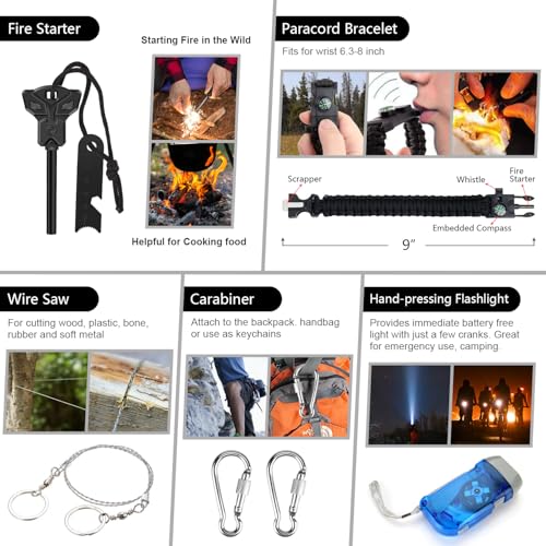 Emergency Survival Kit, 151 Pcs Survival Gear First Aid Kit, Outdoor Trauma Bag with Tactical Flashlight Knife Pliers Pen Blanket Bracelets Compass for Camping Earthquake or Adventures - Image 5
