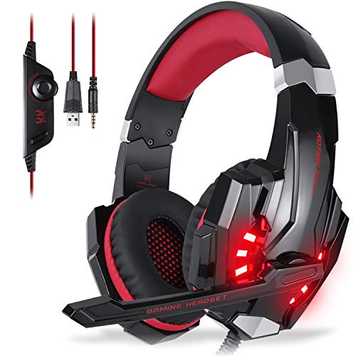 Micro Casque PS4 Gaming, Casque Audio Stéréo Basse avec LED Lumière, Casque Gaming Bien Anti-Bruit, Casque Gamer Confortable Compatible pour PS4/PC/ Laptop/Tablette/ Smartphone (Noir+Rouge)