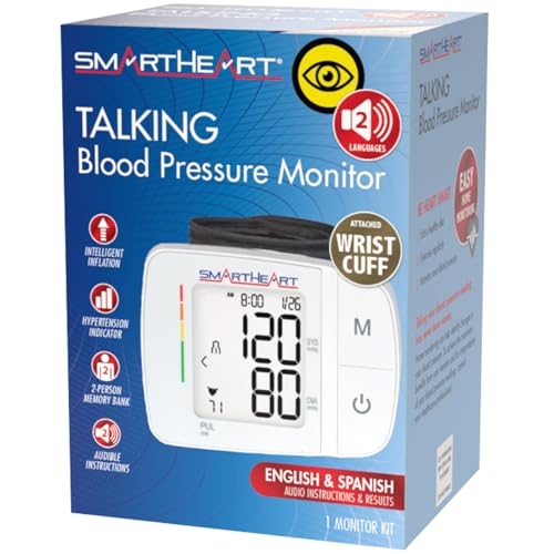 SmartHeart Blood Pressure Monitor | Adult Wrist Cuff | Audible English Spanish Instructions and Results for Visually Impaired | 2-Person Memory |