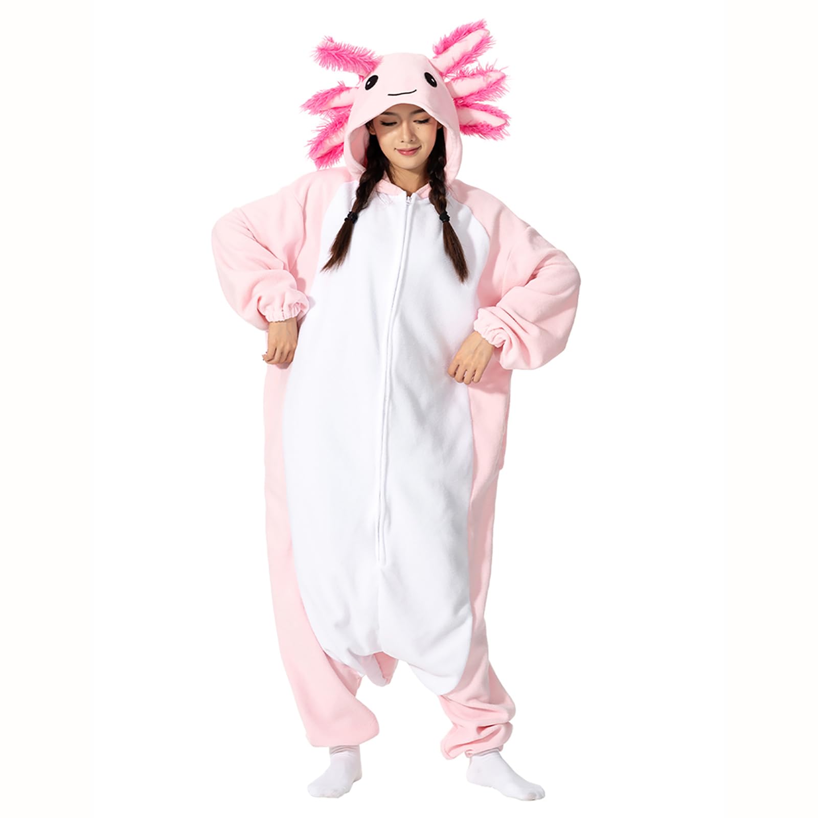 LANFAN Erwachsene Onesie Axolotl Kostüm Pyjama Herren Damen Unisex Cosplay Tier Plüsch Nachtwäsche Halloween Jumpsuit für Schlafanzug