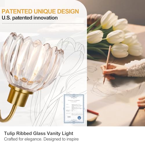 Image of Bathroom Vanity Light (2-Light, 15 in), Brushed Gold Vanity Lights for Bathroom with Ribbed Clear Tulip Glass Shade, Vintage Vanity Wall Lights for Mirror Bedroom Living Room Hallway