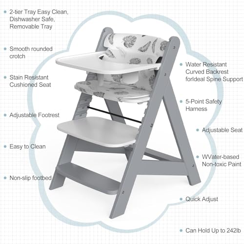 Image of HOMEKOL Wooden High Chair with Tray, Adjustable and Convertible for Babies and Toddlers, Water-Resistant Natural Wood, Ergonomic High Chair Grows with Kids, Grey