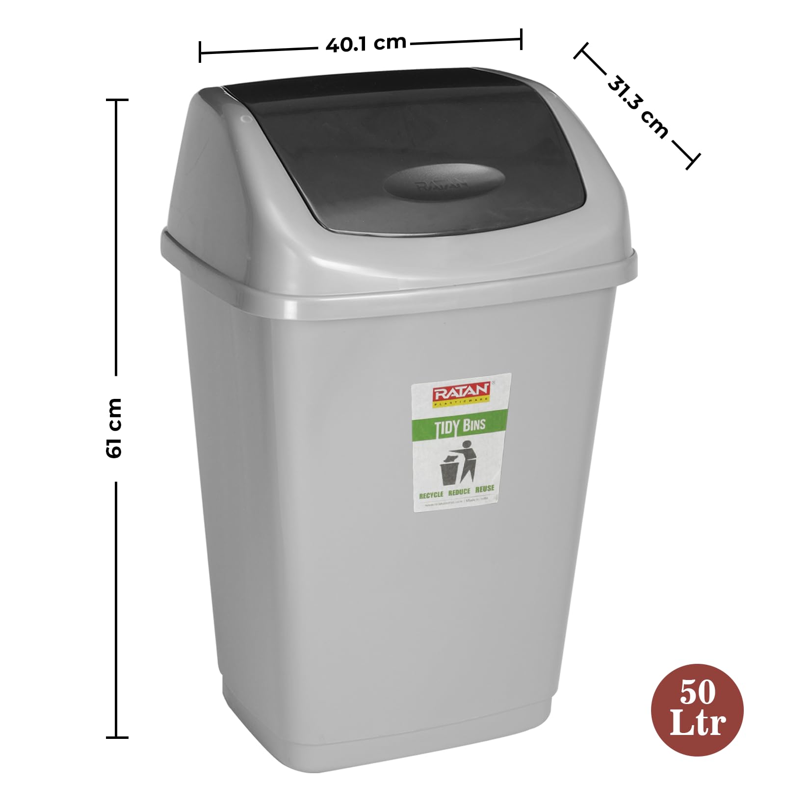 RATAN PLASTICWARE Tidy Bin with Swing Lid 50 Litres Plastic Dustbin, Trash Bin, Garbage Waste Bin For Home, Bathroom, Kitchen, Office, Bedroom Grey Color