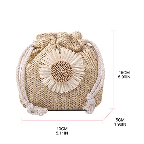Fashion Drawstring Straw Bag Crossbody Handbag Shoulder Bag Flower Straw Bucket Bag for Photo3
