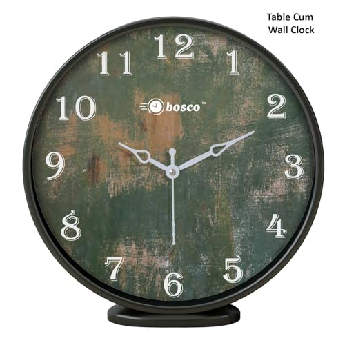 Image of Bosco Modern Non Ticking Silent, Vintage Green Distressed Face, Black Frame 20 CM Table Cum Round Wall Clock for Home, Living Room, Bed Room, Office and Kitchen- BWC-1203