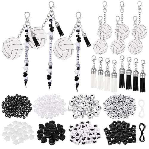Misdary 646 Pcs Volleyball Sport Bead Keychain DIY Kit Ball Keychain Making Craft Kit Adjustable Star and Heart Cube Tassel Ball Bulk Cheerleader Team Gift Sport Jewelry Making Accessories (White)