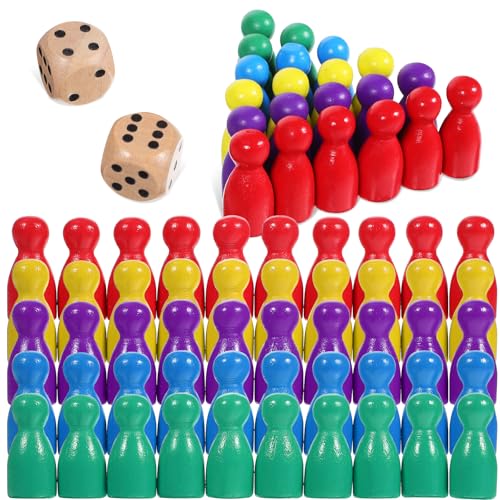 STOBOK 50Pcs Wooden Pawns, Multicolor Board Game Pieces with 2 Dice, Tabletop Game Markers, Chess Replacement Accessories for Tabletop Markers Chess Pieces Flight Chess and Other Gaming