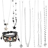 8 Pcs Y2k Star Necklace Fairy Grunge Bracelets Set Grunge Bracelets,Star Pendant, Beaded Silver Chain, Punk Layered Jewelry Set Alt Emo Fashion Accessories for Women Men