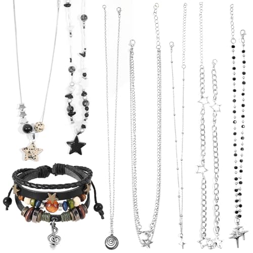 8 Pcs Y2k Star Necklace Fairy Grunge Bracelets Set Grunge Bracelets,Star Pendant, Beaded Silver Chain, Punk Layered Jewelry Set Alt Emo Fashion Accessories for Women Men