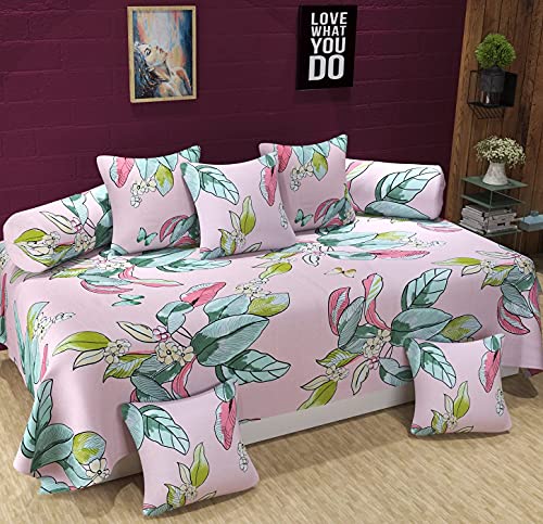 Image of Microfiber Fabric Neo Diwan Blend Set of Bedsheet 5 Cushion Covers and 2 Bolster Covers (Pink, 60X90 Inch, 16x16 Inch, 18x28 Inch) - 8pcs
