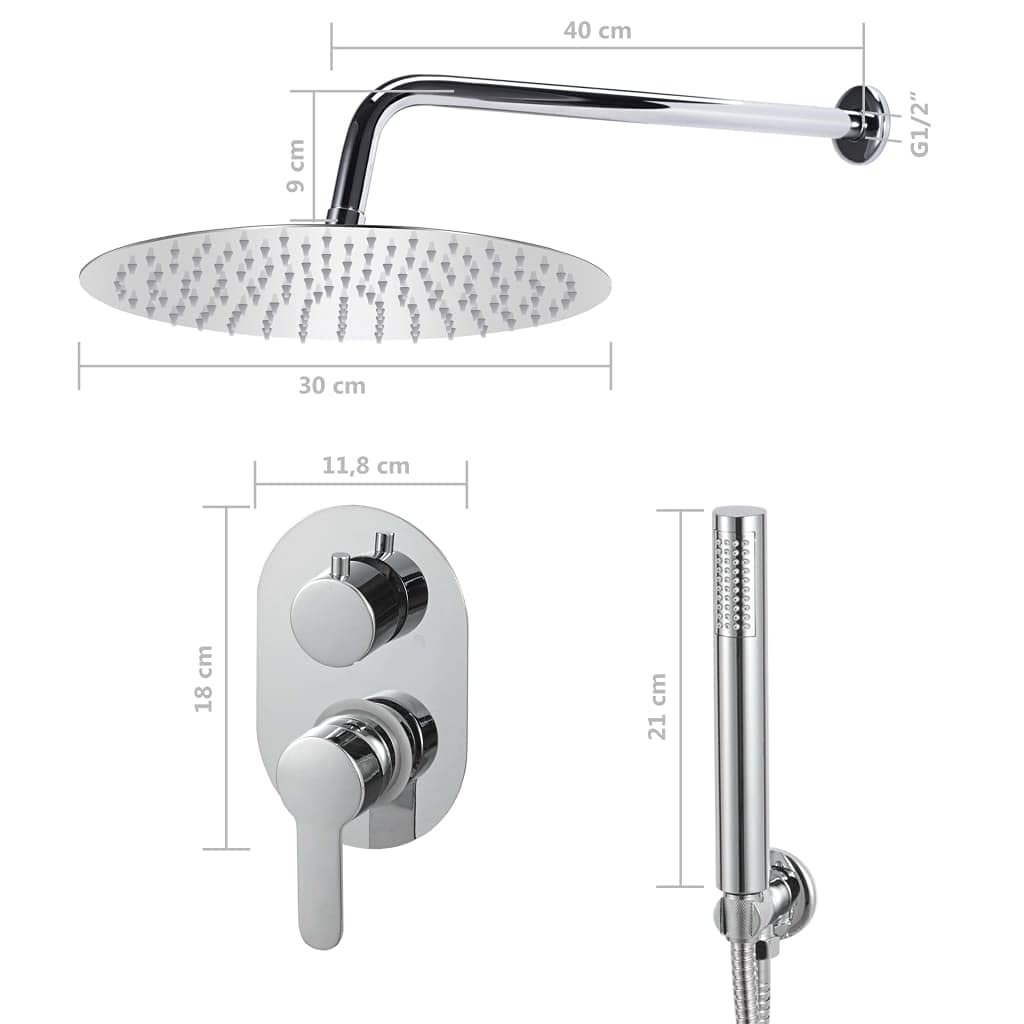 Sistema doccia in acciaio inox 201 argento con soffione rotondo 30 x 30 cm, doccetta 2,8 x 22 cm, 140 ugelli anticalcare, tubo flessibile da 150 cm, montaggio a parete, doccia benessere per