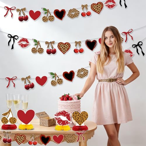 Image of Cheetah Cherry Birthday Party Decorations Leopard Hanging Banner Decor Red and Black Cheetah Cherry Print Pattern Card Banner Safari Animal Birthday Party Decorations Sulpplies for Women Girls