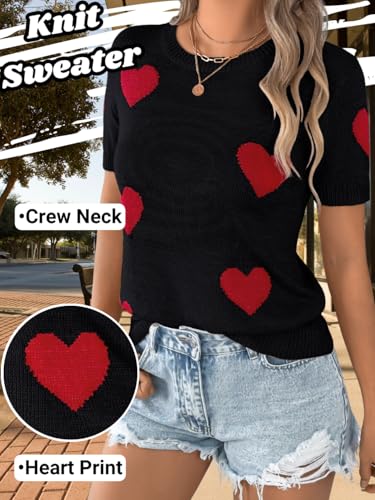 Kaei&Shi Heart Short Sleeve Sweater,Summer Sweaters for Women Lightweight,Dressy Casual Valentines Knit Tops2