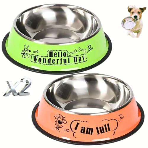 Set 2 Ciotole Acciaio Inox Cani Gatti Animali Domestici 400 ml 20 cm Ciotola Cucciolo Dog Bowl Taglia Grande Media Piccola Coppia Colore Maschio Femmina (2 ARANCIO - VERDE FUN)