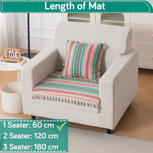 Image of HOKIPO 'Artisan Boho Series' Sofa Cover Mat with Tassel for 1 Seater Sofa | 450 GSM Thick Cotton Acrylic Jacquard Fabric, Mint Green (IN-901-A7*S)