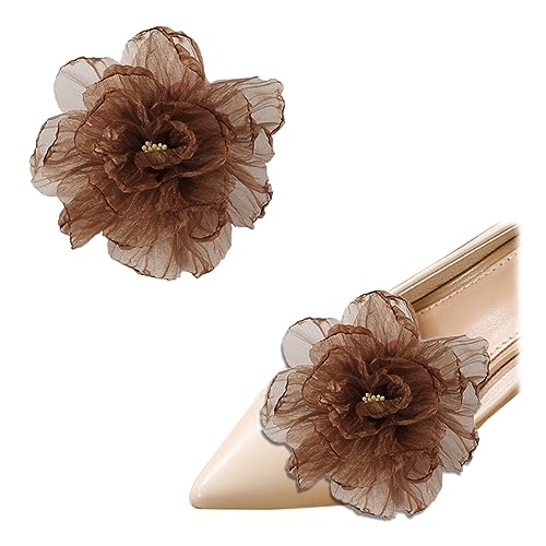 2 Pcs Rose Flower Shoe Clips Detachable Wedding Shoe Embellishment 3D DIY Shoe Accessories for Ladies Flats Pumps Brown