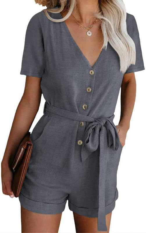 Dokotoo Womens Casual Summer Short Sleeve Pocketed V Neck Front Button Down Linen Short Rompers and Jumpsuits with Belt