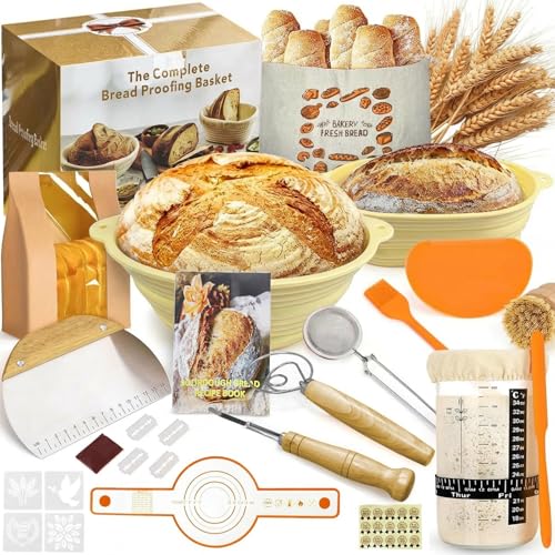 Set Hornear Pan de Masa Madre Fermentación Plegable de Silicona Redonda 23 cm y Ovalada 25 cm un Recipiente para Masa Madre y Accesorios de Repostería Ideal para Repostería Casera y Profesional