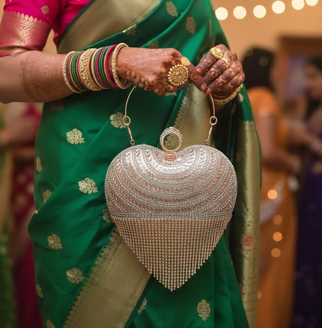 Women's Golden Heart Shaped Clutch Latkan with Chain – Bridal Style Purse for Wedding, Festive & Party Pack Of 1 Golden-picture-14