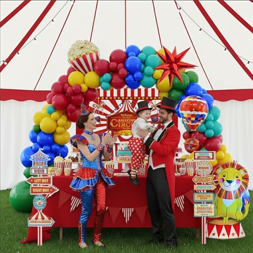 Image of Carnival decorations & include red blue yellow balloon & foil hot air popcorn lion balloons & striped banner & Backdrop carnival Circus road sign paper card Signboard decor for Circus decorations