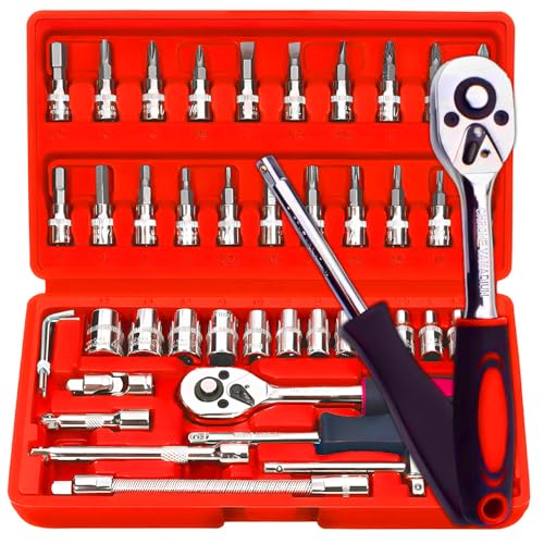 Retoo Steckschlüsselsatz 46-teilig Mechanik Werkzeugsatz mit Nüssen, Ratschenkasten, Knarrenkasten und Bitsatz für die Reparatur zu Hause und DIY, Universal, Rot