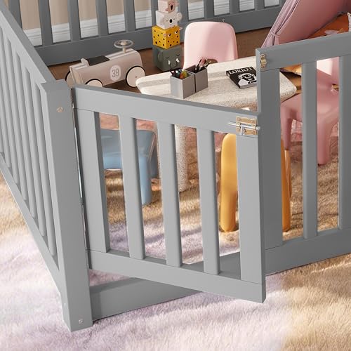 Image of Bellemave Full Size Kids Montessori Floor Bed with Door,Solid Wood Floor Bed Frame with High Fence for Girls,Boys,Gray