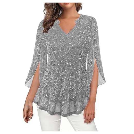 UHouse Bluse Damen Glitzer Oberteile Silvester Outfit Pailletten Blusenrock Tunika Festliche Blusen Zur Hochzeit Party Oberteil Karneval Langarmshirt Damenblusen Glitzeroberteil Silber XL