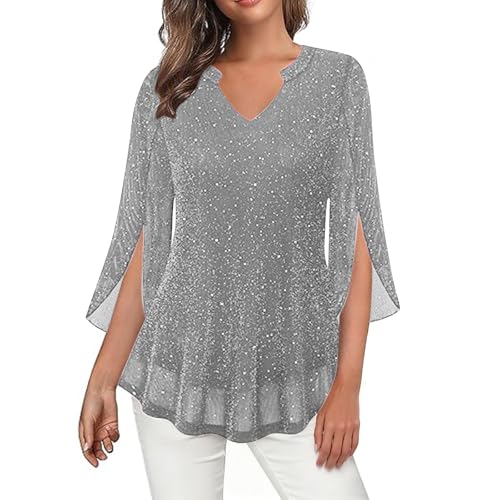 UHouse Bluse Damen Glitzer Oberteile Silvester Outfit Pailletten Blusenrock Tunika Festliche Blusen Zur Hochzeit Party Oberteil Karneval Langarmshirt Damenblusen...