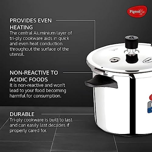 Image of Pigeon Stainless Steel Elite Shine 2 L +3 L Combo Tri-Ply Body Outer Lid Pressure Cooker Induction And Gas Stove Compatible That Distributes Heat Evenly For Uniform Cooking, 5 Liters, Silver