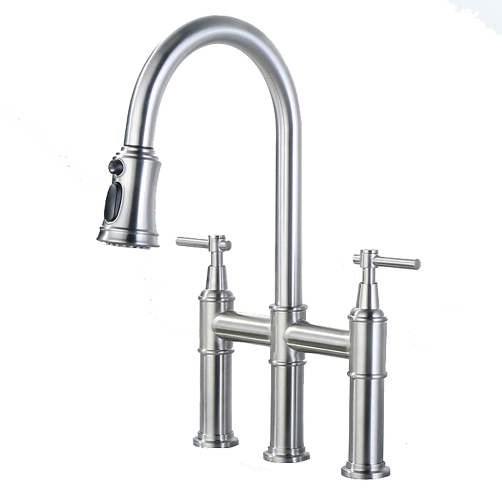 Yjyjy Brushed Nickel Brass Swivel Faucet With Three Function Sprayer, Dual Handle Kitchen Tap
