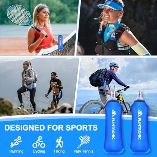 flintronic TPU Faltbarer Trinkflaschen, 2 Stück 500ml Soft Flask mit Handschlaufe und Karabiner, BPA-Frei Sportflasche für Trinkrucksack, Fahrrad, Wandern, Joggen,Camping und Klettern (Blau)