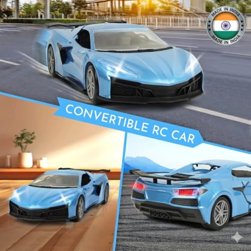 Image of Convertible Remote Control Car for Kids | Rechargeable RC Car with 2+ Hours Playtime | Manually Openable Doors & Roof | Made in India (Matte Blue)