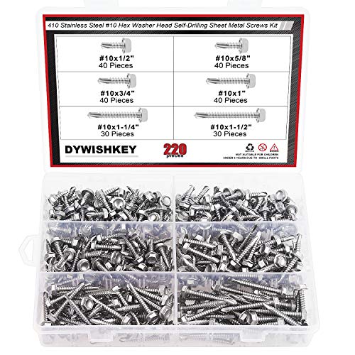 DYWISHKEY 220 Pieces 410 Stainless Steel #10 Hex Washer Head Self Drilling Sheet Metal Screws Assortment Kit
