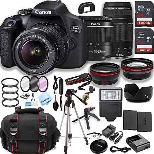 Canon EOS 2000D / Rebel T7 DSLR Camera w/ 18-55mm Zoom Lens + 75-300mm III Lens + 2pcs 64GB Memory + Case+ Tripod + Steady Grip Pod + Filters + Macro + More (37pc Bundle) (Renewed)